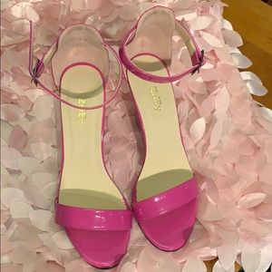 Pink patent leather wedges